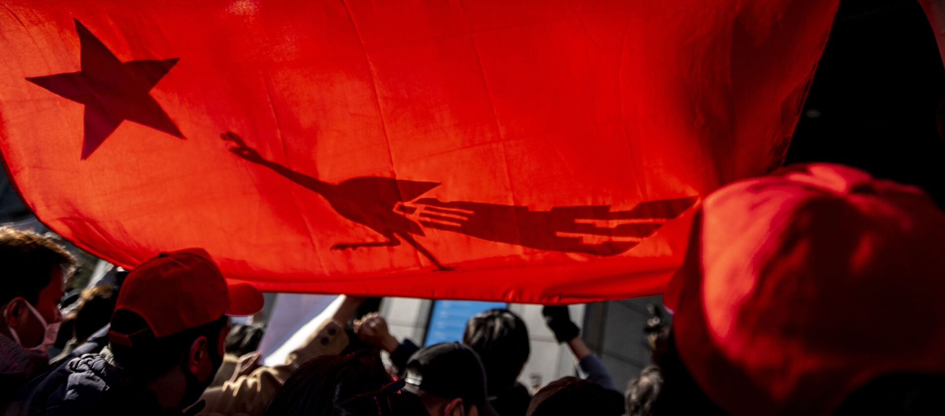 Активисты Мьянмы скандируют лозунги и держат флаг Национальной лиги за демократию во время акции протеста - Sputnik Южная Осетия, 1920, 02.02.2021