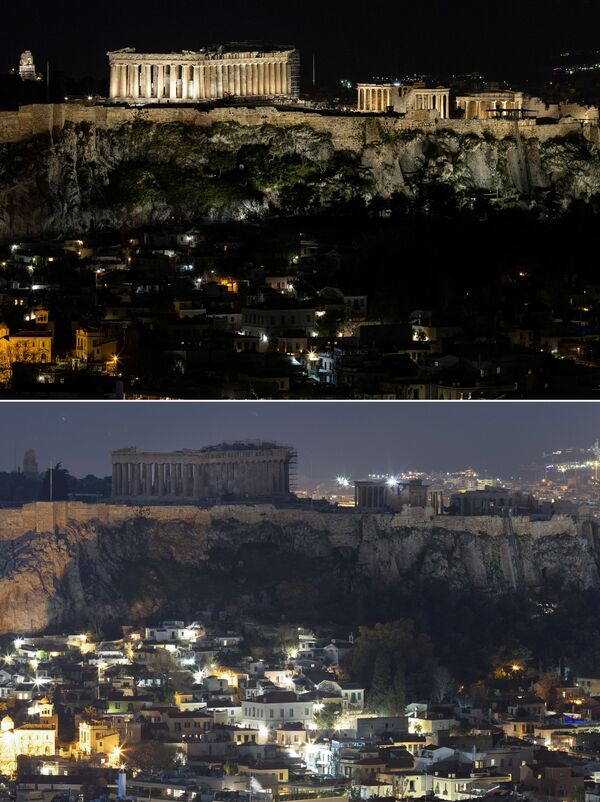 Фотографии до и после акции Час Земли в Афинах  - Sputnik Южная Осетия