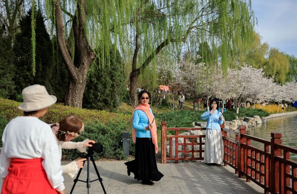 Женщины фотографируют цветение сакуры в парке Юйюаньтань во время весеннего фестиваля в Пекине - Sputnik Южная Осетия