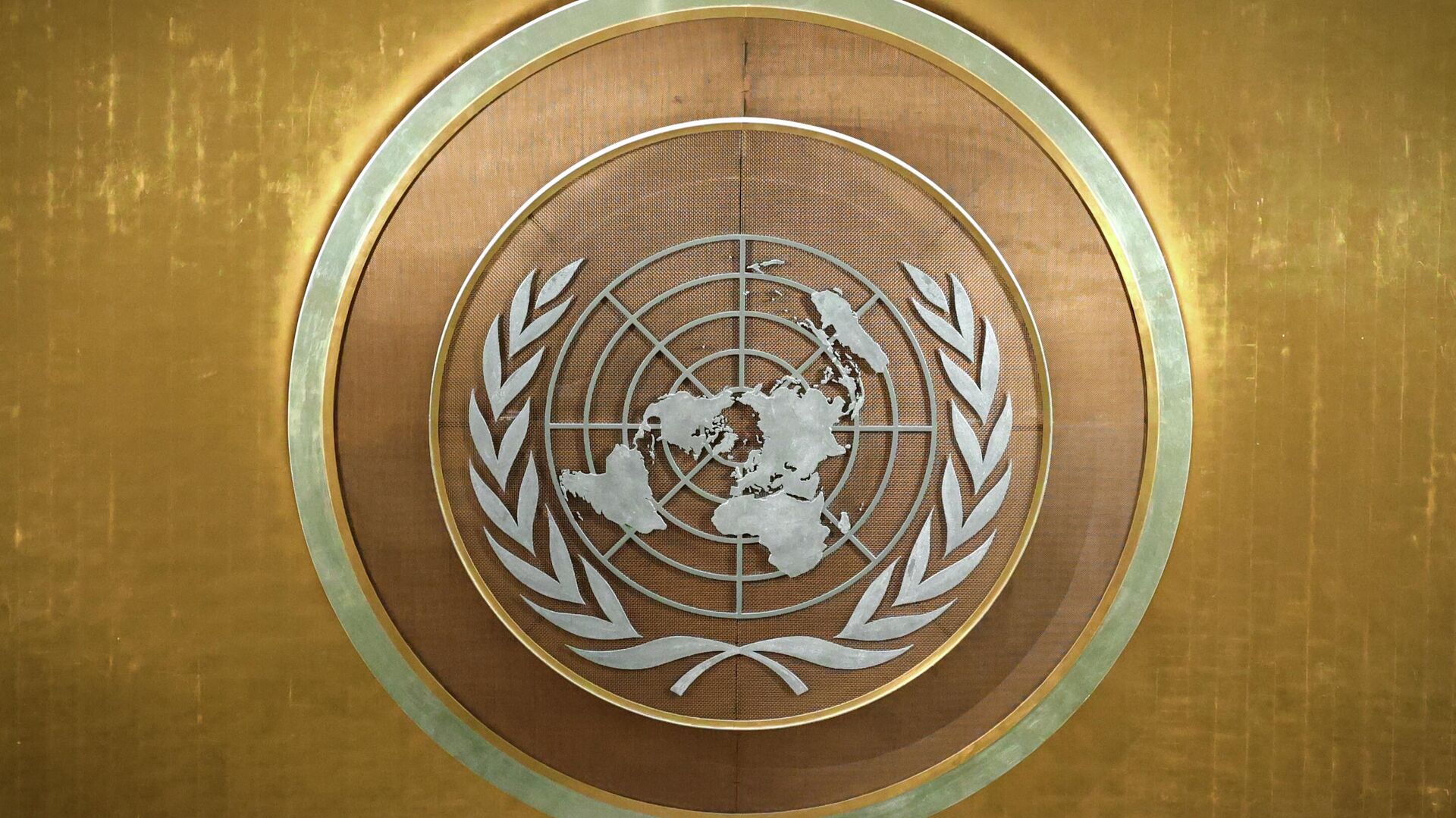 Эмблема Организации Объединённых Наций (ООН) в Генеральной Ассамблеи Организации Объединенных Наций (ООН) в Нью-Йорке - Sputnik Южная Осетия, 1920, 24.10.2022