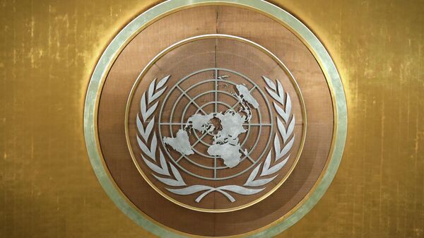 Эмблема Организации Объединённых Наций (ООН) в Генеральной Ассамблеи Организации Объединенных Наций (ООН) в Нью-Йорке - Sputnik Южная Осетия