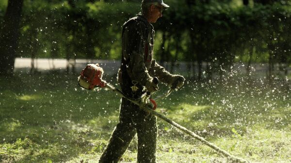 Работник ЖКХ косит траву в городе. Архивное фото  - Sputnik Южная Осетия