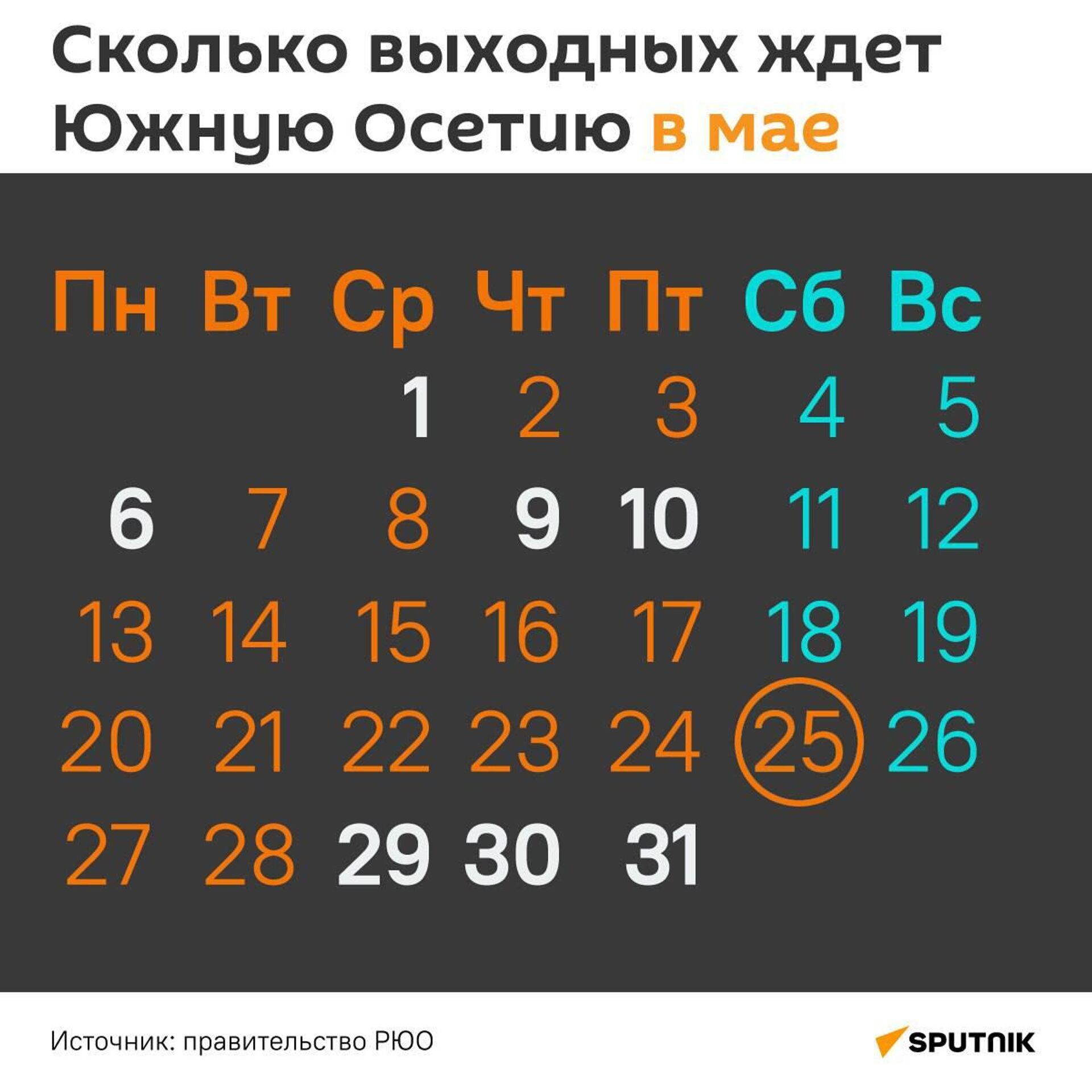 Календарь рабочих и выходных дней в Южной Осетии в мае 2024 года  - Sputnik Южная Осетия, 1920, 27.05.2024