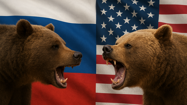 Медведь и гризли на фоне русского и американского флагов - Sputnik Южная Осетия