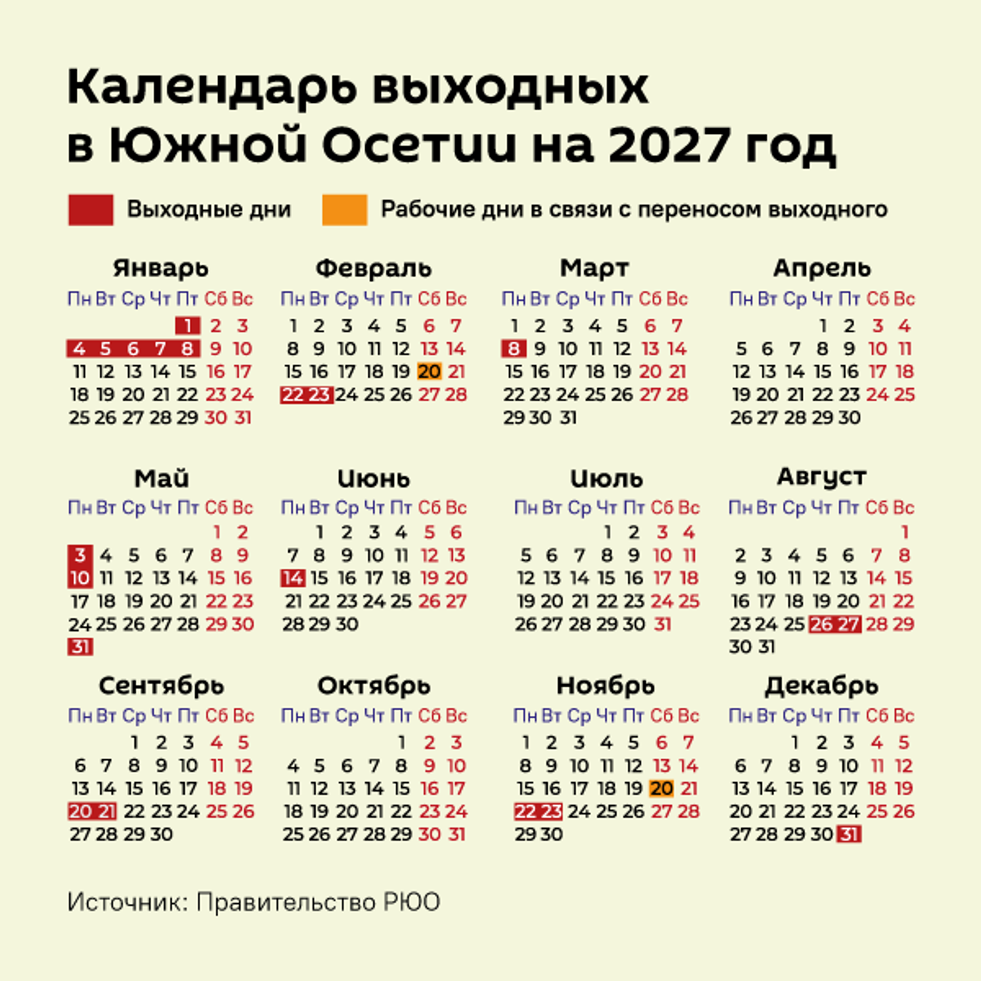 Календарь выходных в Южной Осетии на 2027 год - Sputnik Южная Осетия, 1920, 07.08.2026