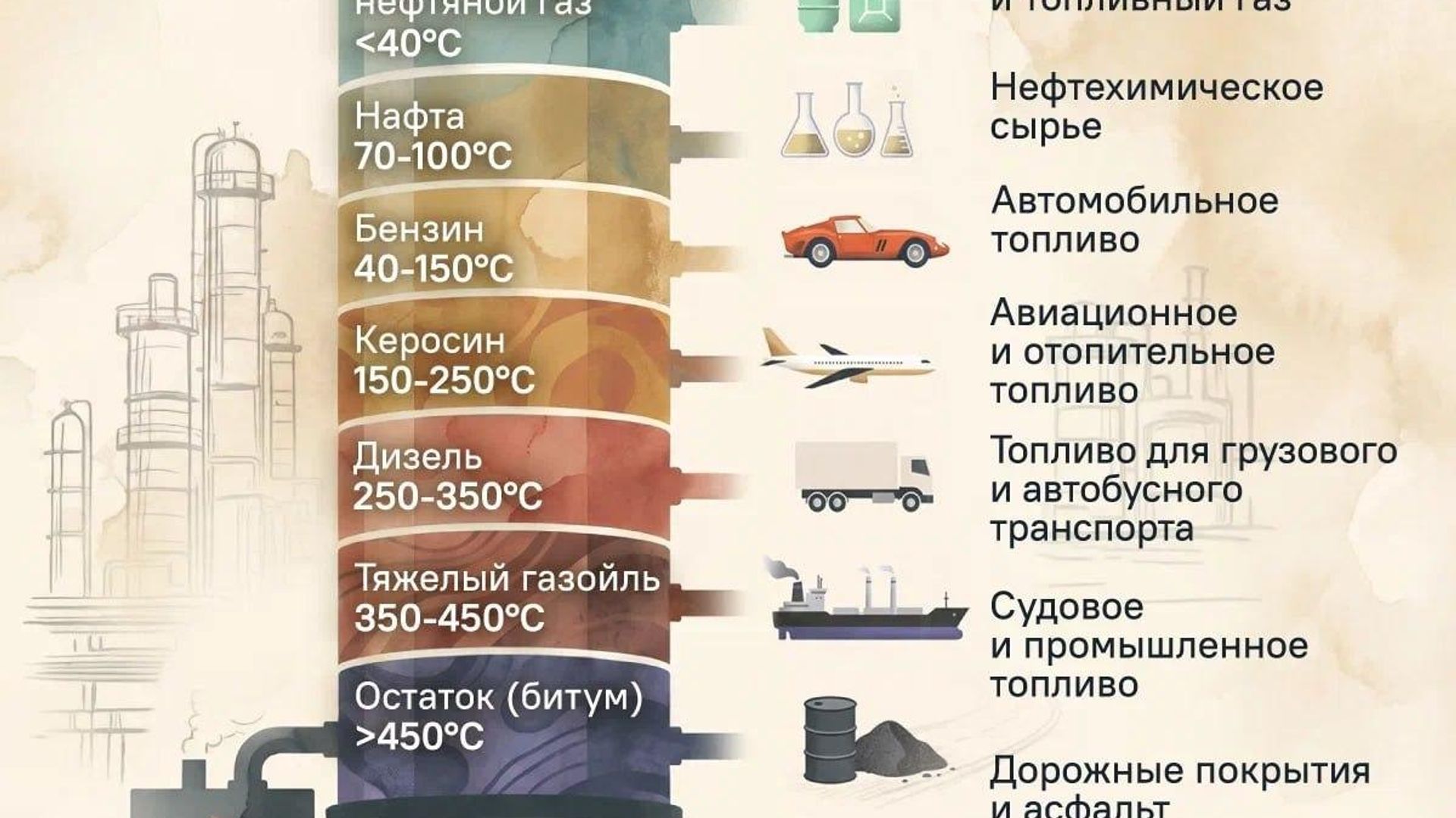 Из одной тонны нефти получается от 220 до 850 литров бензина Из одной тонны нефти получается от 220 до 850 литров бензина - Sputnik Южная Осетия, 1920, 25.08.2026