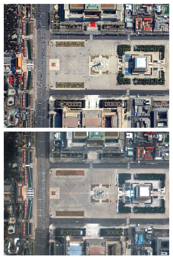 Площадь Тяньаньмэнь в Пекине до коронавируса 21 февраля 2019 года и во время коронавируса 11 февраля 2020 года - Sputnik Южная Осетия