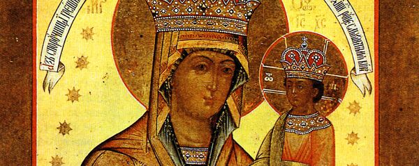 Икона Божией Матери Споручница грешных (кон. XIX-нач. XX вв.) находится в Храме Св. Николая в Хамовниках в Москве.  Икона Божией Матери Споручница грешных (кон. XIX-нач. XX вв.) находится в Храме Св. Николая в Хамовниках в Москве.  - Sputnik Южная Осетия
