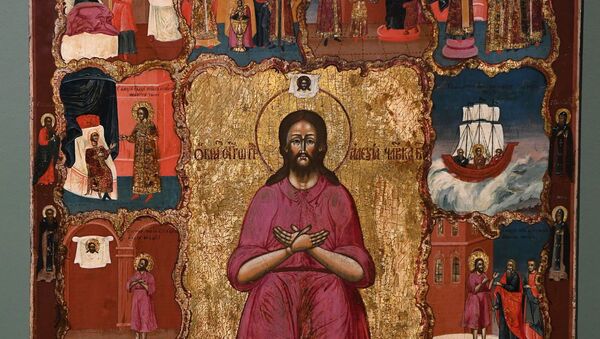 Икона Преподобный Алексей, человек божий, с 12 клеймами жития и избранными святыми на полях 18 века - Sputnik Южная Осетия