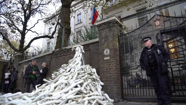 Протестующие у посольства РФ в Лондоне соорудили пирамиду из пластиковых рук - Sputnik Южная Осетия