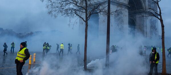 Участники протестной акции движения автомобилистов желтые жилеты, выступавшего с требованием снижения налогов на топливо, в районе Триумфальной арки в Париже Участники протестной акции движения автомобилистов желтые жилеты, выступавшего с требованием снижения налогов на топливо, в районе Триумфальной арки в Париже - Sputnik Южная Осетия