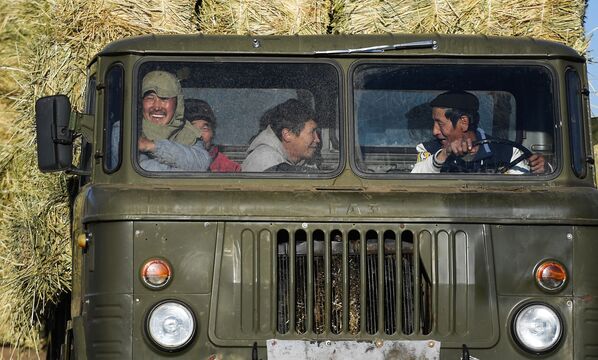 Работники в кабине грузовика во время сбора сена в монгольской степи - Sputnik Южная Осетия