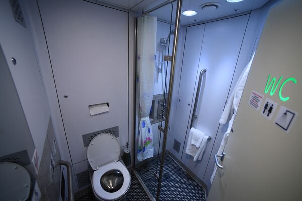 Душевая кабина в туалетной комнате нового одноэтажного купейного вагона дальнего следования на Рижском вокзале в Москве - Sputnik Южная Осетия