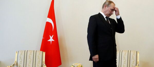 Президент России Владимир Путин на встрече с президентом Турции Реджепом Тайипом Эрдоганом в Санкт-Петербурге  Президент России Владимир Путин на встрече с президентом Турции Реджепом Тайипом Эрдоганом в Санкт-Петербурге  - Sputnik Южная Осетия