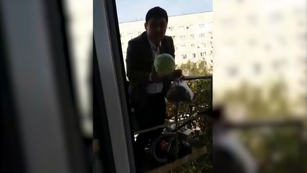 Хитрый торговец из Казахстана продает овощи с помощью строительного крана - Sputnik Южная Осетия