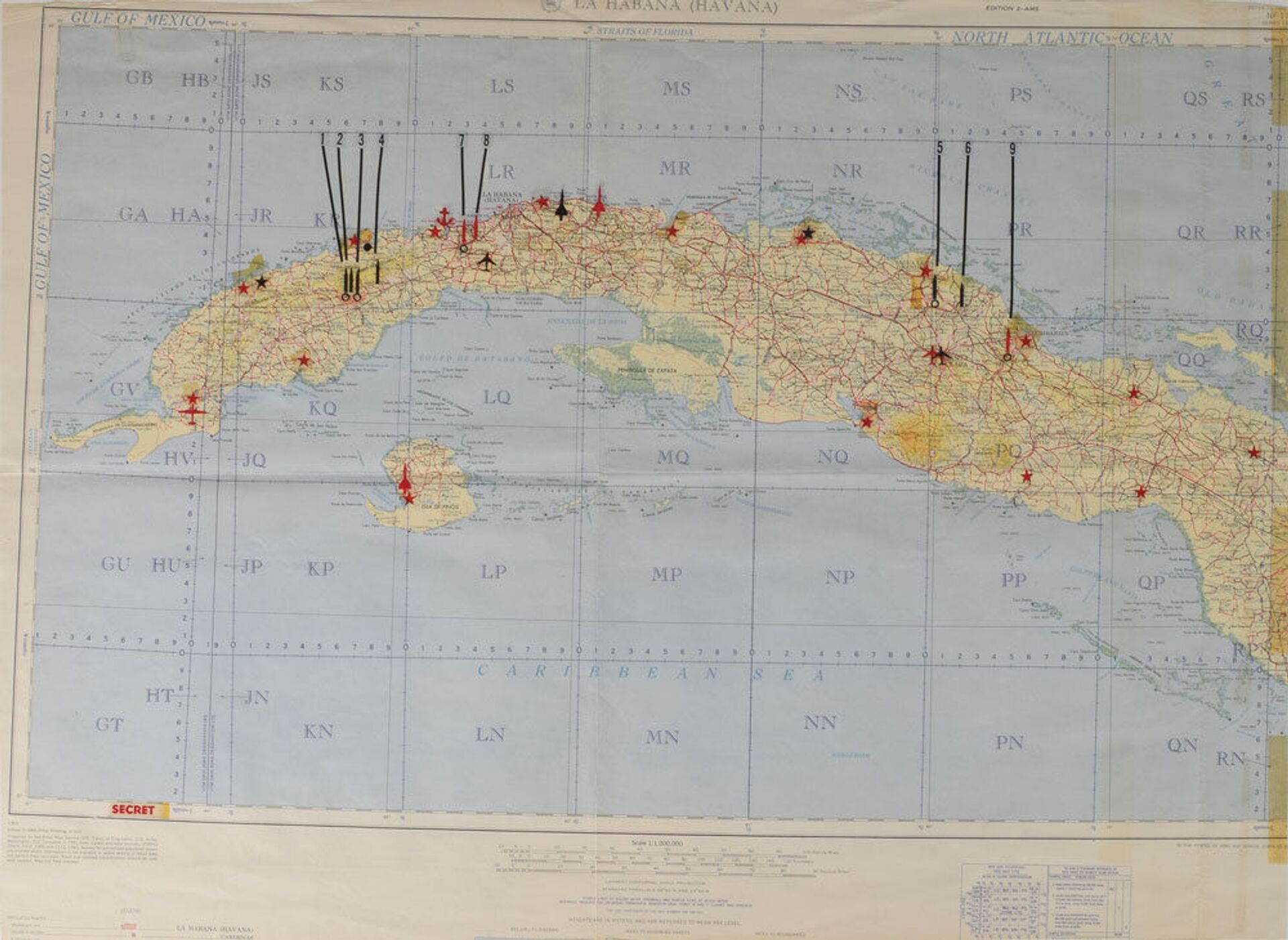 Секретная карта президента США Джона Кеннеди, содержащая размещенные на Кубе в разгар карибского кризиса советские военные объекты - Sputnik Южная Осетия, 1920, 26.10.2021
